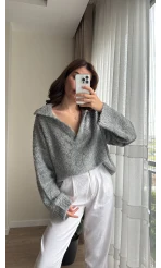 Peluş V Yaka Koyu Gri Kazak