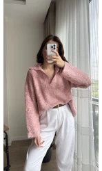 Peluş V Yaka Pembe Kazak