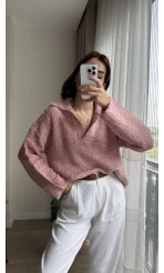 Peluş V Yaka Pembe Kazak