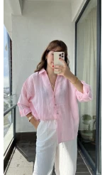 Pembe İnce Çizgili V Yaka Gömlek