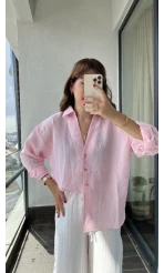 Pembe İnce Çizgili V Yaka Gömlek