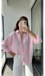 Pembe İnce Çizgili V Yaka Gömlek