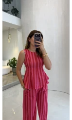 Pembe Kırmızı Çizgili Bluz Pantolon Takım