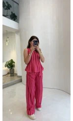 Pembe Kırmızı Çizgili Bluz Pantolon Takım