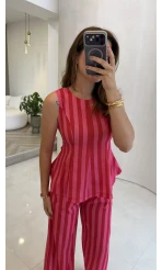 Pembe Kırmızı Çizgili Bluz Pantolon Takım