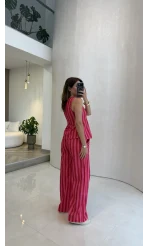 Pembe Kırmızı Çizgili Bluz Pantolon Takım