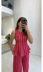 Pembe Kırmızı Çizgili Bluz Pantolon Takım