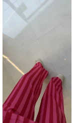 Pembe Kırmızı Çizgili Bluz Pantolon Takım