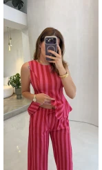 Pembe Kırmızı Çizgili Bluz Pantolon Takım