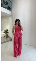 Pembe Kırmızı Çizgili Bluz Pantolon Takım