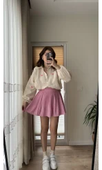 Pembe Pileli Mini Şort Etek