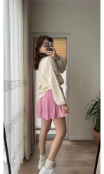 Pembe Pileli Mini Şort Etek