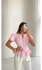 Penny Balon Kol Pileli Bluz - Pembe - Kod: 1107