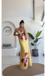 Peony Sarı Straplez Saten Elbise