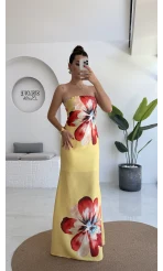 Peony Sarı Straplez Saten Elbise