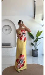 Peony Sarı Straplez Saten Elbise