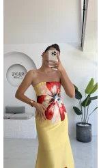 Peony Sarı Straplez Saten Elbise