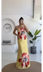 Peony Sarı Straplez Saten Elbise