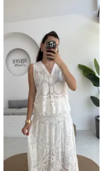 Pera Dantelli Yelek - Kırık Beyaz - 38402