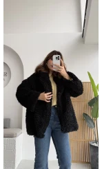 Pera Oversize Peluş Ceket - Siyah