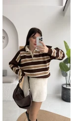 Petit Çizgili Kazak - Acı Kahve - Kod: 34101