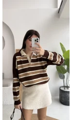 Petit Çizgili Kazak - Acı Kahve - Kod: 34101