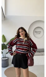 Petit Çizgili Kazak - Bordo - Kod: 34101