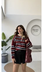 Petit Çizgili Kazak - Bordo - Kod: 34101