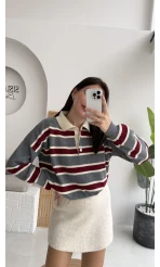 Petit Çizgili Kazak - Gri - Kod: 34101