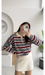 Petit Çizgili Kazak - Gri - Kod: 34101