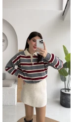 Petit Çizgili Kazak - Gri - Kod: 34101