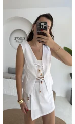 Pie Boncuk Detay Şort Etek Takım - Beyaz