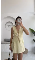 Pie Boncuk Detay Şort Etek Takım - Sarı