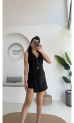 Pie Boncuk Detay Şort Etek Takım - Siyah