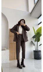 Pile Detaylı Kemerli Pantolon - Kahverengi - KOD:50938