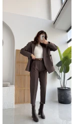 Pile Detaylı Kemerli Pantolon - Kahverengi - KOD:50938