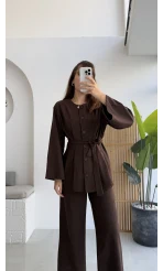 Pile Detaylı Tunik Pantolon Takım Kuşaklı Acı Kahve Kod:8795