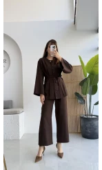 Pile Detaylı Tunik Pantolon Takım Kuşaklı Acı Kahve Kod:8795