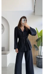 Pile Detaylı Tunik Pantolon Takım Kuşaklı Lacivert Kod:8795