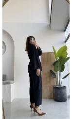 Pile Detaylı Tunik Pantolon Takım Kuşaklı Lacivert Kod:8795