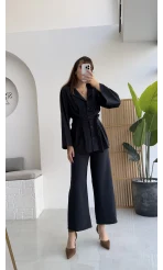Pile Detaylı Tunik Pantolon Takım Kuşaklı Lacivert Kod:8795