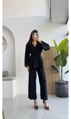 Pile Detaylı Tunik Pantolon Takım Kuşaklı Lacivert Kod:8795