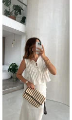 Pileli Bluz Etek Takım - Beyaz - Kod: 8490 8021