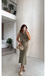 Pileli Bluz Etek Takım - Haki - Kod: 8490 8021