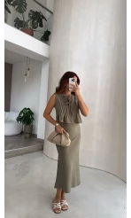 Pileli Bluz Etek Takım - Haki - Kod: 8490 8021