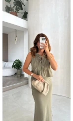 Pileli Bluz Etek Takım - Haki - Kod: 8490 8021