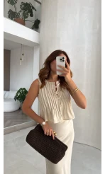Pileli Bluz Etek Takım - Natural - Kod: 8490 8021