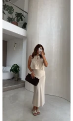Pileli Bluz Etek Takım - Natural - Kod: 8490 8021