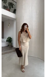 Pileli Bluz Etek Takım - Natural - Kod: 8490 8021