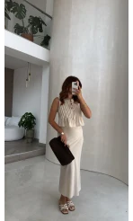 Pileli Bluz Etek Takım - Natural - Kod: 8490 8021